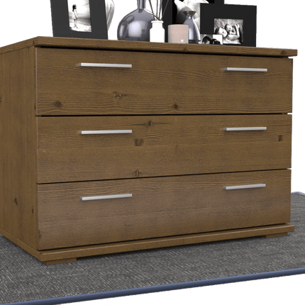 SEO. Nobis Kommode Massivholz für Wohnzimmer | Sideboard mit 3 großen Schubladen | 57cm hoch aus 100% Bio Kiefer Massivholz - Nussbaum Linkreich