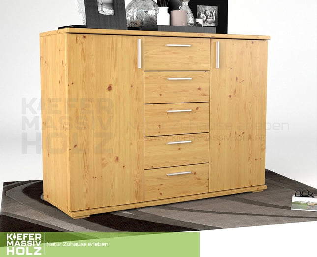 SEO. Nobis Kommode Sideboard 120 - er | Anrichte | 5 - Schubladen | 2 - Türig | 100% Bio Kiefer Massivholz - Natur Linkreich