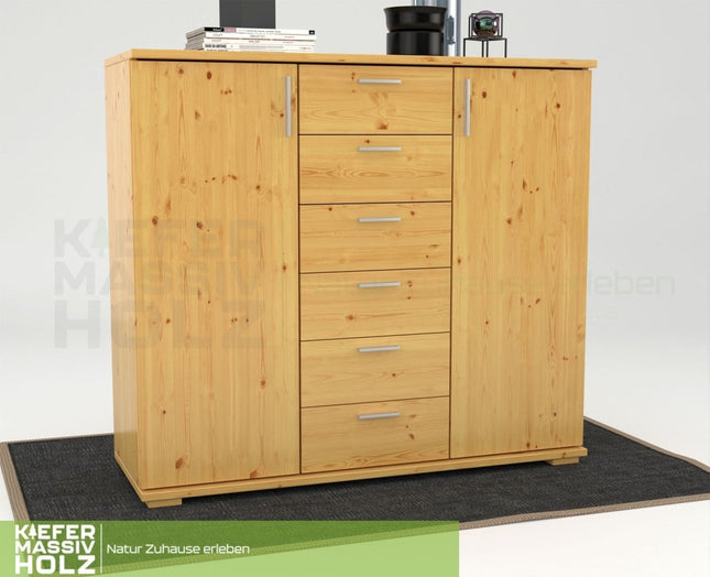 SEO. Nobis Kommode Sideboard | Anrichte | 2 - Türig | 6 - Schubladen | 107cm hoch | 100% Bio Kiefer Massivholz - Natur Linkreich