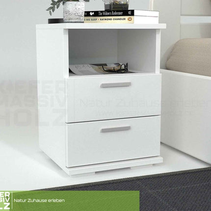 SEO. Nobis Nachttisch Kiefer massiv | 2-Schubladen Nachtschrank mit Regal | 100% Bio Kiefer - Schneeweiss Linkreich