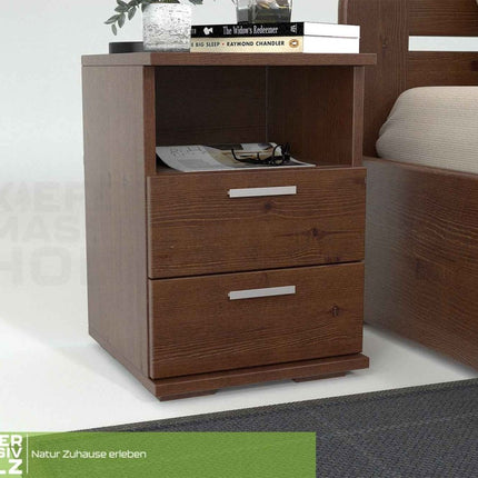 SEO. Nobis Nachttisch Kiefer massiv | 2-Schubladen Nachtschrank mit Regal | 100% Bio Kiefer - Nussbaum Linkreich