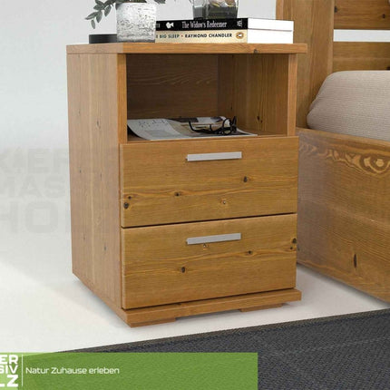 SEO. Nobis Nachttisch Kiefer massiv | 2-Schubladen Nachtschrank mit Regal | 100% Bio Kiefer - Antik Kiefer Linkreich