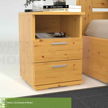 SEO. Nobis Nachttisch Kiefer massiv | 2-Schubladen Nachtschrank mit Regal | 100% Bio Kiefer - Natur Linkreich