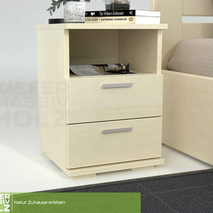SEO. Nobis Nachttisch Kiefer massiv | 2-Schubladen Nachtschrank mit Regal | 100% Bio Kiefer - Weiss Linkreich