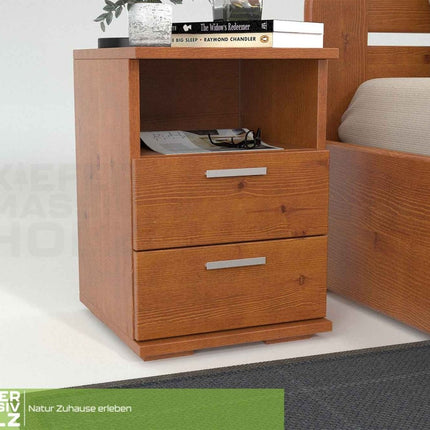 SEO. Nobis Nachttisch Kiefer massiv | 2-Schubladen Nachtschrank mit Regal | 100% Bio Kiefer - Kirsch Linkreich