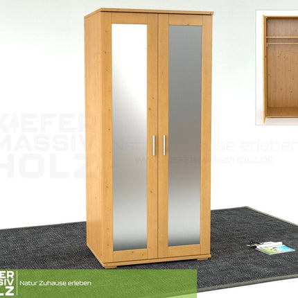 SEO. Nobis Spiegeltürenschrank | Kleiderschrank | mit Kleiderstange | 100% Bio Kiefer Massivholz - Capuccino Linkreich
