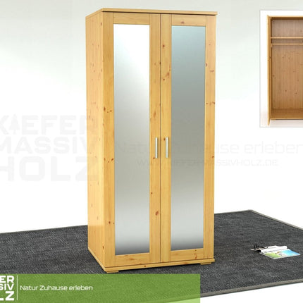 SEO. Nobis Spiegeltürenschrank | Kleiderschrank | mit Kleiderstange | 100% Bio Kiefer Massivholz - Natur Linkreich