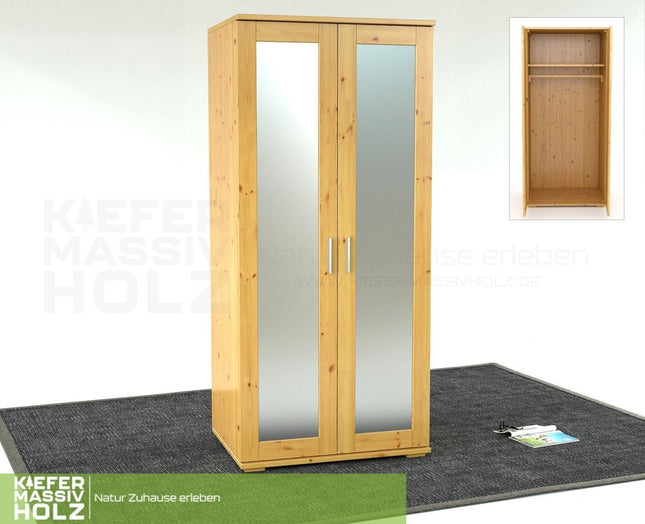 SEO. Nobis Spiegeltürenschrank | Kleiderschrank | mit Kleiderstange | 100% Bio Kiefer Massivholz - Natur Linkreich