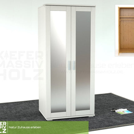 SEO. Nobis Spiegeltürenschrank | Kleiderschrank | mit Kleiderstange | 100% Bio Kiefer Massivholz - Schneeweiss Linkreich
