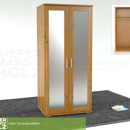 SEO. Nobis Spiegeltürenschrank | Kleiderschrank | mit Kleiderstange | 100% Bio Kiefer Massivholz - Antik Kiefer Linkreich