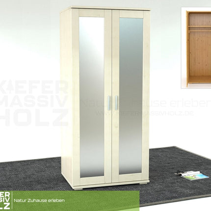 SEO. Nobis Spiegeltürenschrank | Kleiderschrank | mit Kleiderstange | 100% Bio Kiefer Massivholz - Weiss Linkreich
