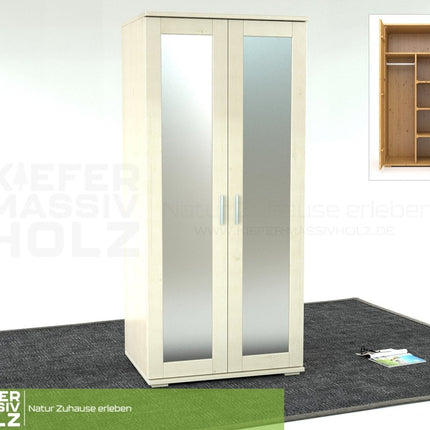 SEO. Nobis Spiegeltürenschrank | Kleiderschrank | Regale und Kleiderstange | 100% Bio Kiefer Massivholz - Weiss Linkreich