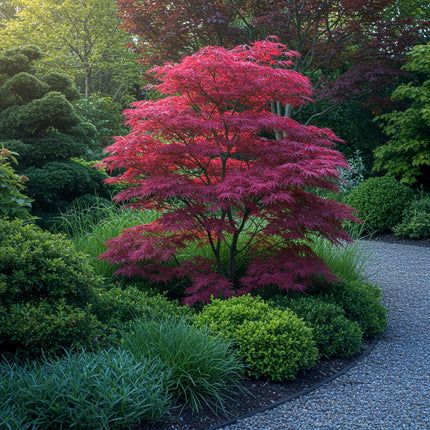 Japanischer Ahorn Acer palmatum Atropurpureum – Lila Balkonpflanze – Ø19cm – Höhe ca. 70cm – Kompakter Zierahorn mit tiefviolettem Laub