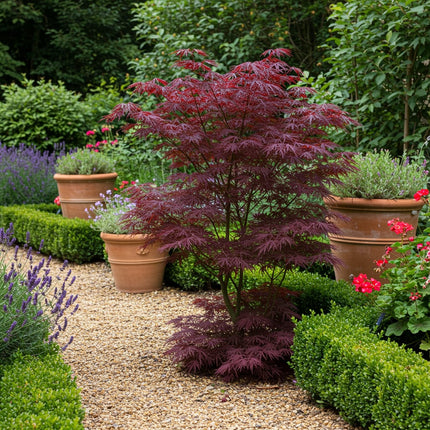 Japanischer Ahorn Acer palmatum Bloodgood – Rot – 2 Pflanzen – Laubabwerfender Zierbaum – 19cm – Ca. 70cm hoch – Für Balkon, Terrasse & Beet