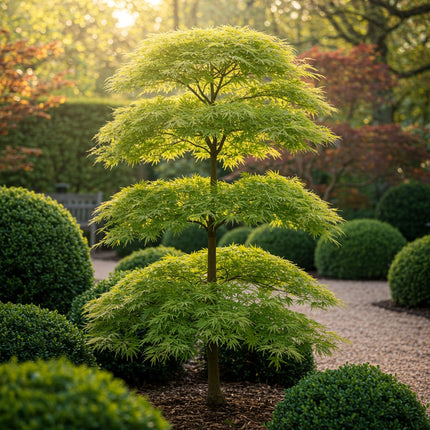 Japanischer Ahorn – Acer palmatum 'Emerald Lace' – Balkonpflanze – ca. 70cm hoch – Topf Ø19cm – feingeschnittenes grünes Laub, herbstliche Gold