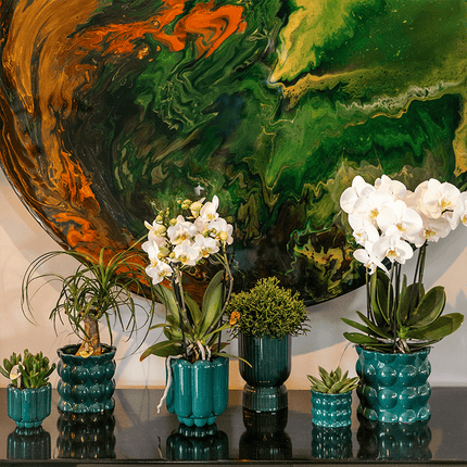 Übertopf Cotton Shine grün Ø9cm – Blumentopf mit Blasenrelief – hochglänzender Retro – Übertopf im 70er – Design – Pflanzenübertopf