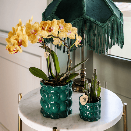 Übertopf Cotton Shine grün Ø9cm – Blumentopf mit Blasenrelief – hochglänzender Retro – Übertopf im 70er – Design – Pflanzenübertopf