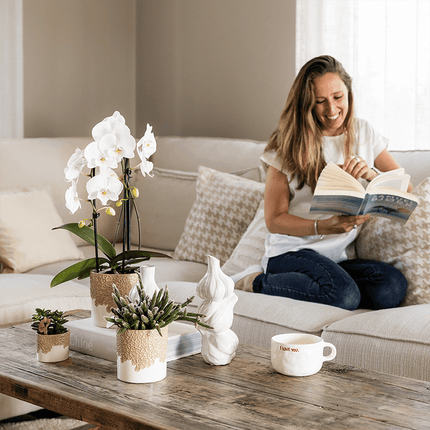 Ziertopf Bloom Sand Ø9cm – Dekotopf in Sandton mit Blütenrelief am Rand – kleiner Übertopf für Zimmerpflanzen, Ableger & Kräuter