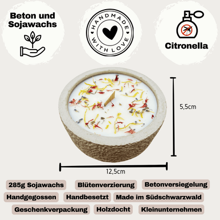 Outdoor Citronella - Betonkerze „Mugge Schreck“ – Handgemachter Insektenschutz aus dem Südschwarzwald mit Blütenverzierung (Duftkerze) kaufen bei Linkreich – Jetzt entdecken!