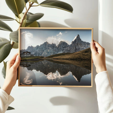 Passo Rolle Dolomites Print – Mountain Reflection Landscape Wall Art