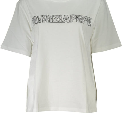 SEO. PATRIZIA PEPE Damen T-Shirt Schwarz – Kurzarm mit Strass - Applikation | Bio - Baumwolle - Weiß Linkreich