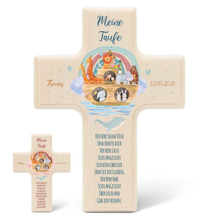SEO. Personalisierbares Holzkreuz zur Taufe Konfirmation oder Kommunion - Arche Design - Blau Linkreich