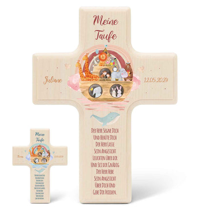 SEO. Personalisierbares Holzkreuz zur Taufe Konfirmation oder Kommunion - Arche Design - Rot Linkreich