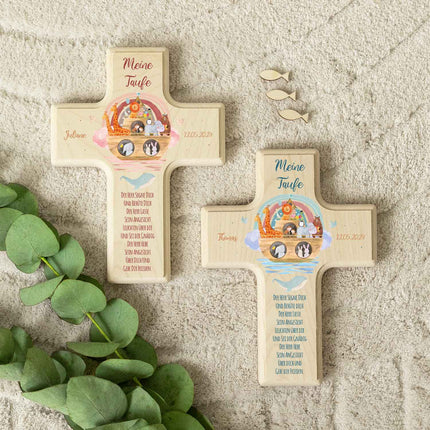 SEO. Personalisierbares Holzkreuz zur Taufe Konfirmation oder Kommunion - Arche Design - Blau Linkreich