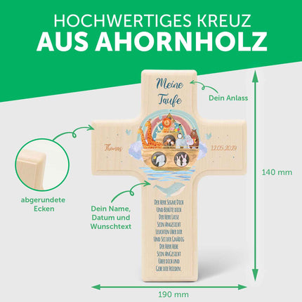 SEO. Personalisierbares Holzkreuz zur Taufe Konfirmation oder Kommunion - Arche Design - Blau Linkreich