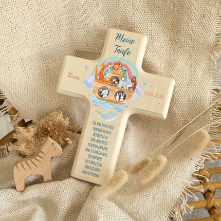 SEO. Personalisierbares Holzkreuz zur Taufe Konfirmation oder Kommunion - Arche Design - Blau Linkreich