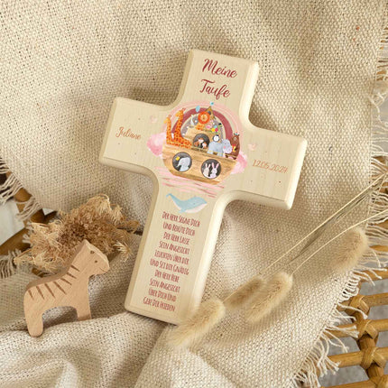 SEO. Personalisierbares Holzkreuz zur Taufe Konfirmation oder Kommunion - Arche Design - Blau Linkreich