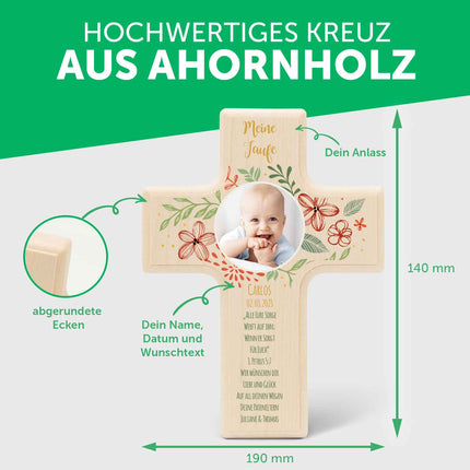 SEO. Personalisierbares Holzkreuz zur Taufe Konfirmation oder Kommunion - Mit eigenem Foto - Blumenkranz - Linkreich