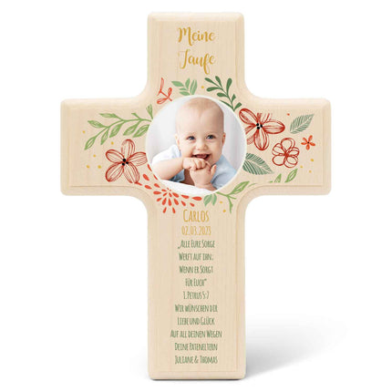 SEO. Personalisierbares Holzkreuz zur Taufe Konfirmation oder Kommunion - Mit eigenem Foto - Blumenkranz - Linkreich