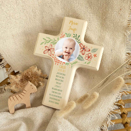 SEO. Personalisierbares Holzkreuz zur Taufe Konfirmation oder Kommunion - Mit eigenem Foto - Blumenkranz - Linkreich