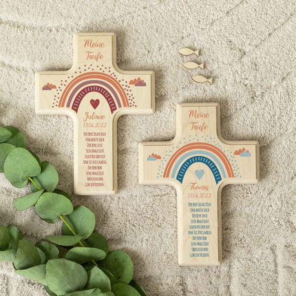 SEO. Personalisierbares Holzkreuz zur Taufe Konfirmation oder Kommunion - Regenbogen Design - Blau Linkreich