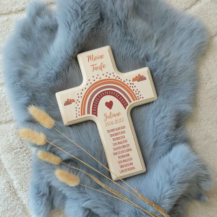 SEO. Personalisierbares Holzkreuz zur Taufe Konfirmation oder Kommunion - Regenbogen Design - Rot Linkreich