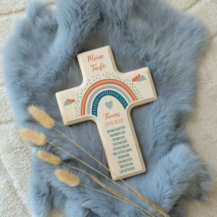 SEO. Personalisierbares Holzkreuz zur Taufe Konfirmation oder Kommunion - Regenbogen Design - Blau Linkreich