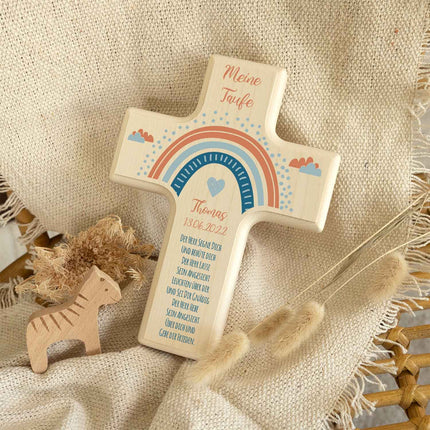 SEO. Personalisierbares Holzkreuz zur Taufe Konfirmation oder Kommunion - Regenbogen Design - Blau Linkreich