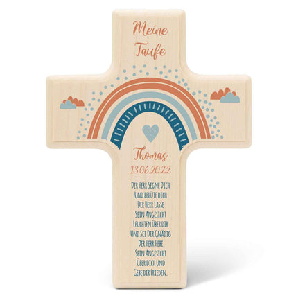 SEO. Personalisierbares Holzkreuz zur Taufe Konfirmation oder Kommunion - Regenbogen Design - Blau Linkreich