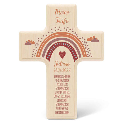SEO. Personalisierbares Holzkreuz zur Taufe Konfirmation oder Kommunion - Regenbogen Design - Rot Linkreich