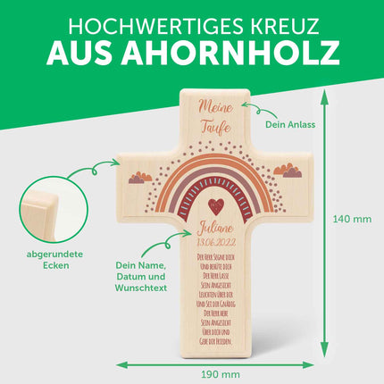 SEO. Personalisierbares Holzkreuz zur Taufe Konfirmation oder Kommunion - Regenbogen Design - Rot Linkreich