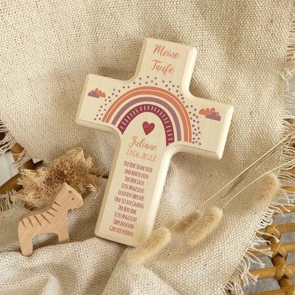 SEO. Personalisierbares Holzkreuz zur Taufe Konfirmation oder Kommunion - Regenbogen Design - Rot Linkreich