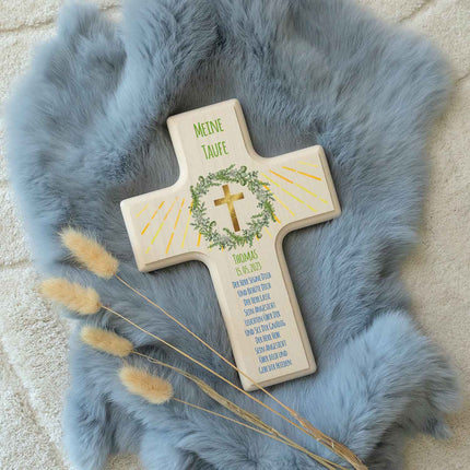 SEO. Personalisierbares Holzkreuz zur Taufe Konfirmation und Kommunion - Kranz Design - Kreuz Linkreich
