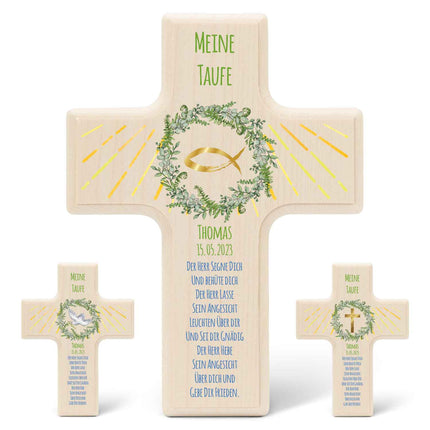 SEO. Personalisierbares Holzkreuz zur Taufe Konfirmation und Kommunion - Kranz Design - Fisch Linkreich