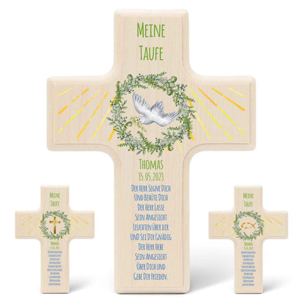 SEO. Personalisierbares Holzkreuz zur Taufe Konfirmation und Kommunion - Kranz Design - Taube Linkreich