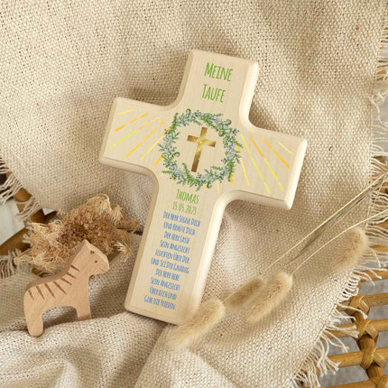 SEO. Personalisierbares Holzkreuz zur Taufe Konfirmation und Kommunion - Kranz Design - Kreuz Linkreich