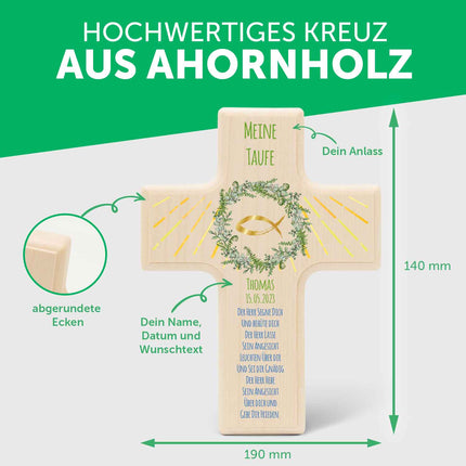 SEO. Personalisierbares Holzkreuz zur Taufe Konfirmation und Kommunion - Kranz Design - Fisch Linkreich