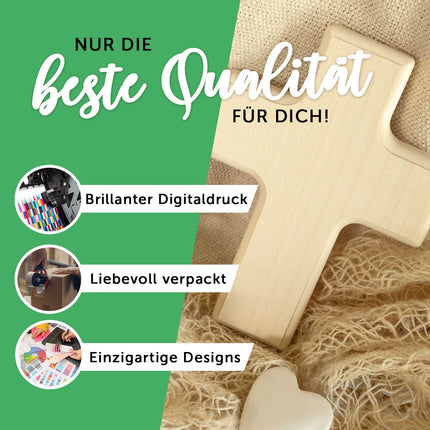 SEO. Personalisierbares Holzkreuz zur Taufe Konfirmation und Kommunion - Kranz Design - Fisch Linkreich