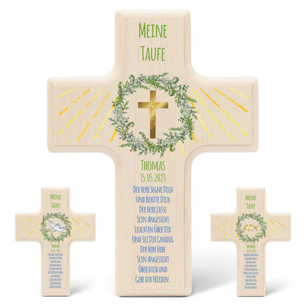 SEO. Personalisierbares Holzkreuz zur Taufe Konfirmation und Kommunion - Kranz Design - Kreuz Linkreich