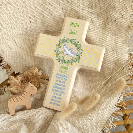 SEO. Personalisierbares Holzkreuz zur Taufe Konfirmation und Kommunion - Kranz Design - Taube Linkreich